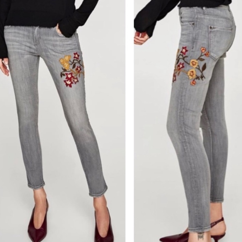 Embroidered Grey Skinny Jeans with Floral Detail